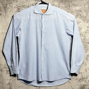 Suitsupply Dress Shirt Mens 17 Blue Gingham Spread Collar Linen Cotton Poland